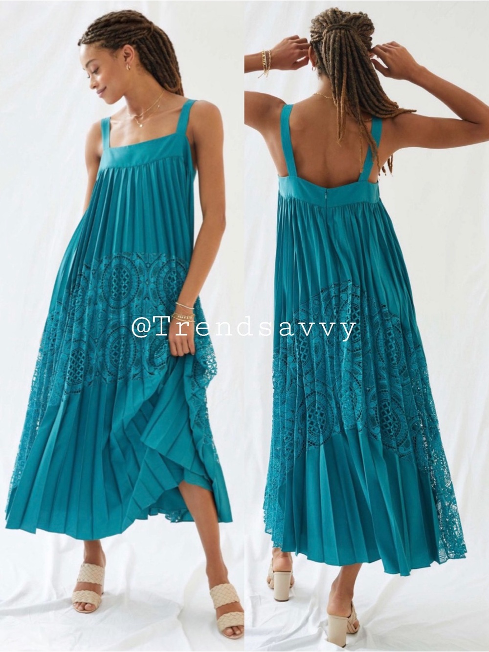 Anthropologie Turquoise Pleated Lace Maxi Dress Square Neck Boho Size Medium NWT - Picture 5 of 5